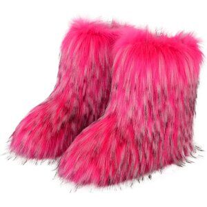 ⚡Women Rosered Faux Fur Winter Warm Knee High Flat Heel Fluffy  Snow Fur Boots